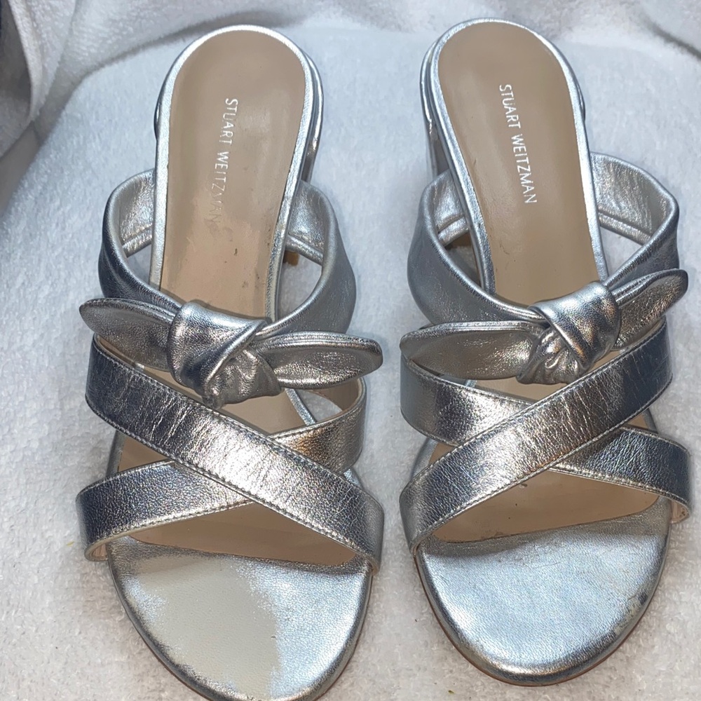 Stuart Weitzman Metallic Silver Knotted Slide Mules